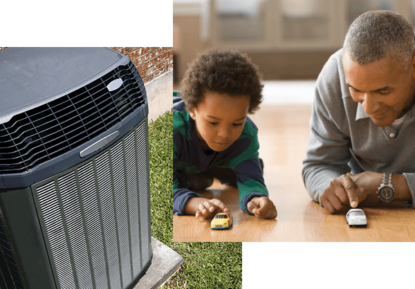 An HVAC condenser outside next to a photo of a child and his grandfather playing comfortably inside.
